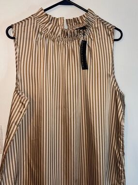 Banana Republic Tan and White Striped Sleeveless Ruffle Neck Top - SIZE XL